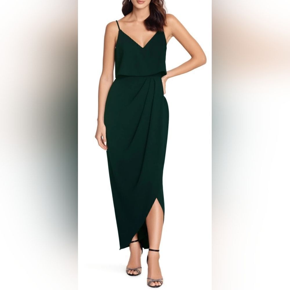 Xscape scuba crepe popover faux wrap gown NWT size 2 Pine Green